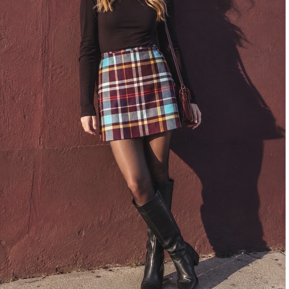 Urban Outfitters Plaid Mini Skirt Burgundy Turquoise Check Small y2k 90s grunge